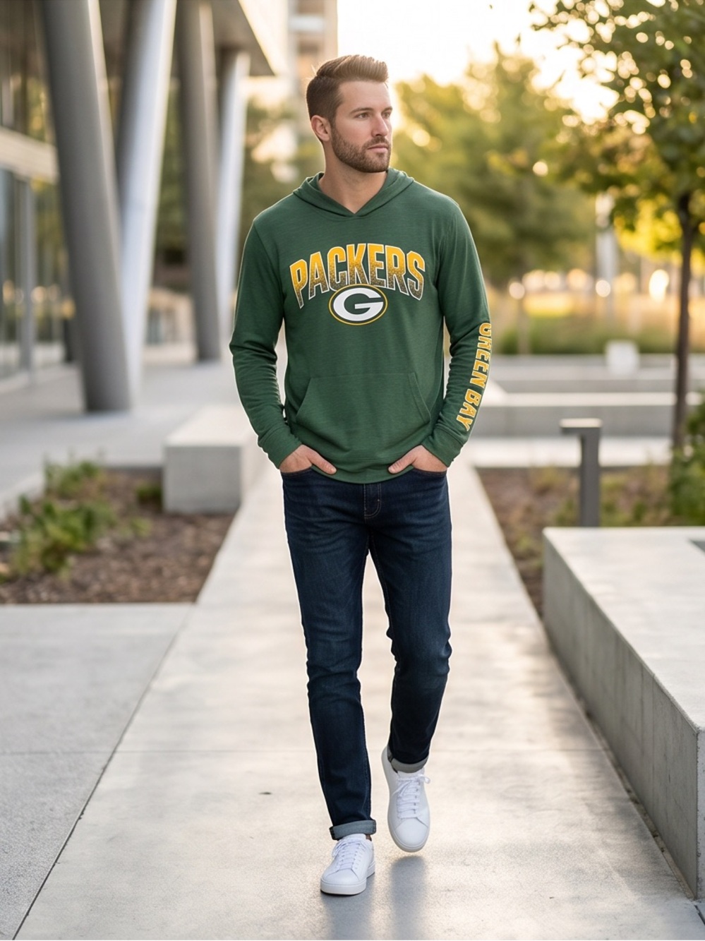 Fanatics Green Packers NFL Lightweight Slub Pullover Long Sleeve Hoodie Graphic